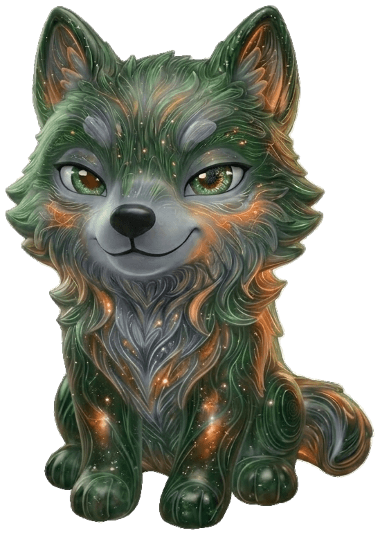 WolFi, un lobo de pelaje verde y cobre, sentado y tranquilo